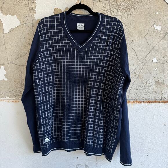 Adidas Sweater Mens L V-Neck Pullover Navy Grid Check Tenniscore Preppy Retro - Picture 7 of 7